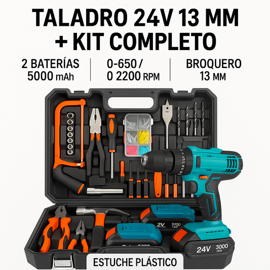 Taladro Inalámbrico 24V 13 mm + Kit de Herramientas