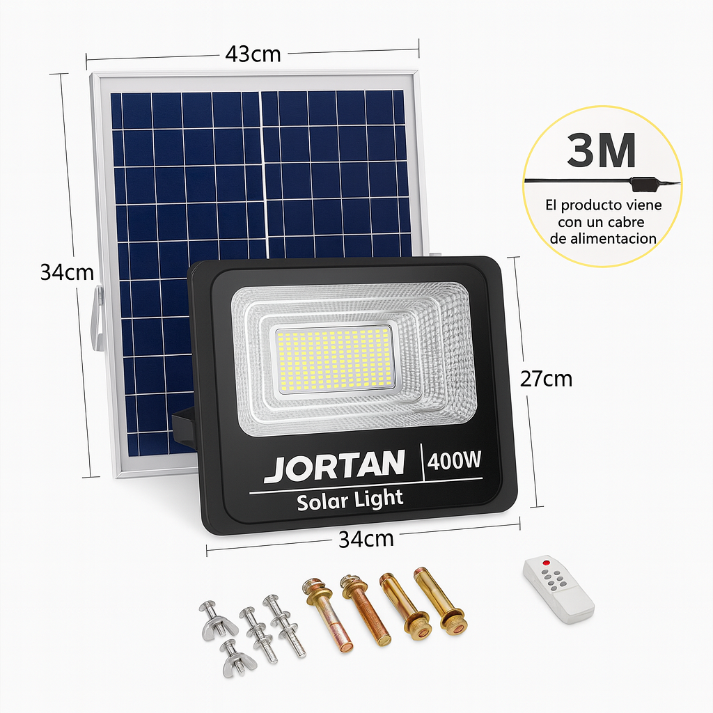 Reflector Solar 400W + Panel y Control – Iluminación LED Potente y Ecológica para Exteriores