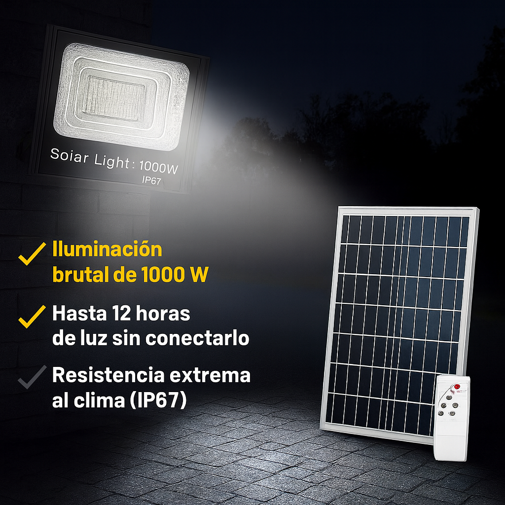 Reflector Solar 1000W + Panel y Control – Iluminación LED Potente y Ecológica para Exteriores