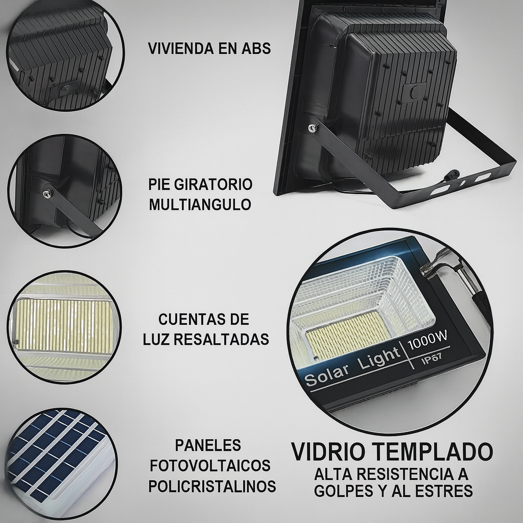 Reflector Solar 1000W + Panel y Control – Iluminación LED Potente y Ecológica para Exteriores