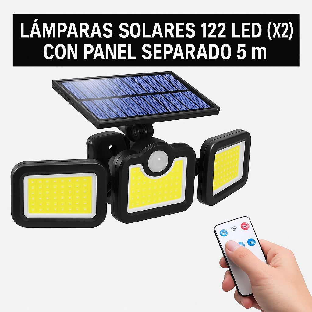 Lámpara Solar 122 LEDs (X2) – Foco con Sensor y Panel Separado 5 m