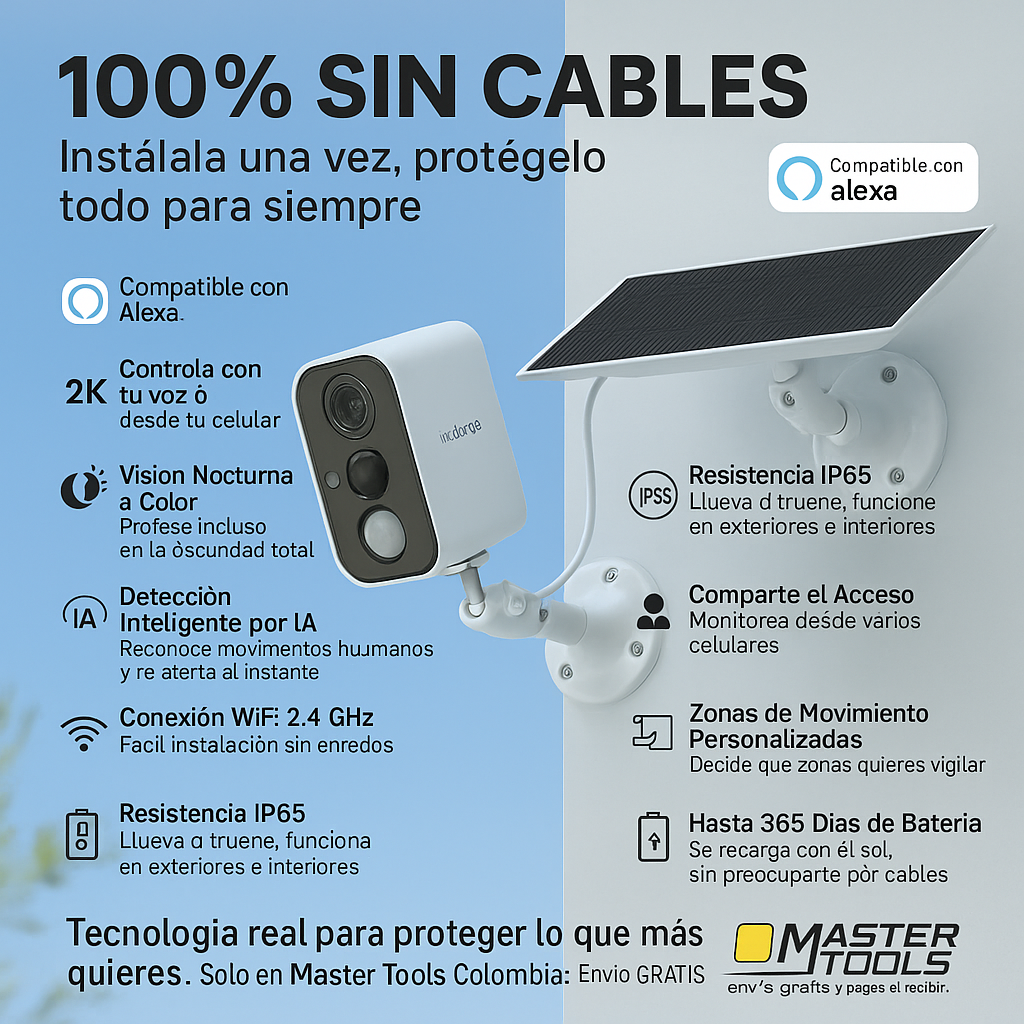 Moderna Cámara Solar Hasta 30 metros + 120° de ángulo en Alta Resolución,  Compatible con Alexa,