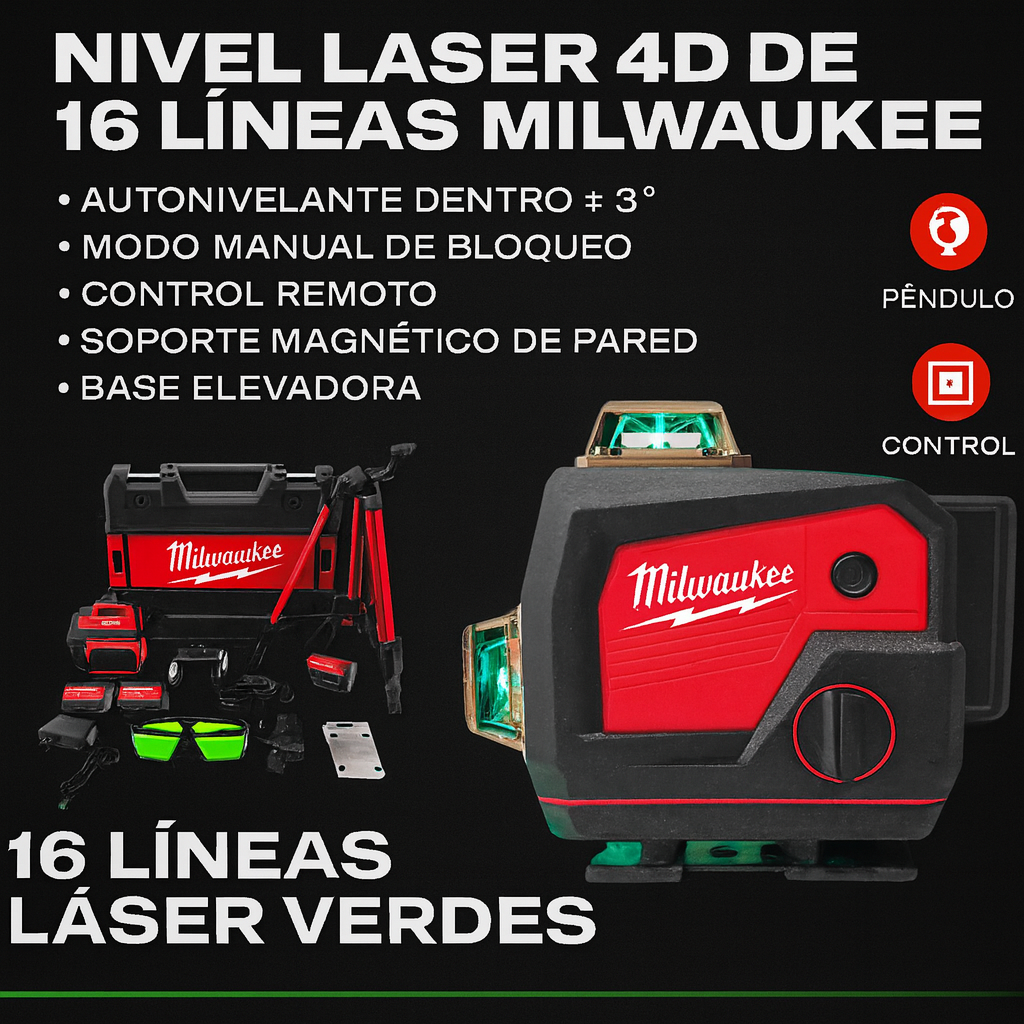 Nivel Láser Milwaukee 4D – 16 Líneas Verdes | Precisión Extrema + Tecnología Bluetooth