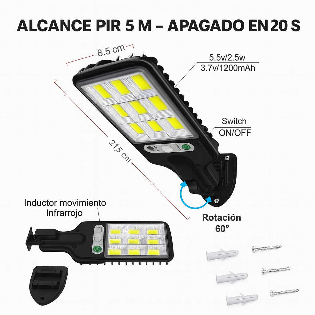 Lámpara Solar con Sensor PIR IP65 (2.5 W) — Rotación 160°