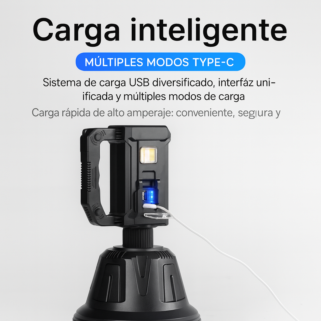 Linterna LED Recargable con Carga Solar – 6 Modos | Power Bank USB | Resistente a Lluvia