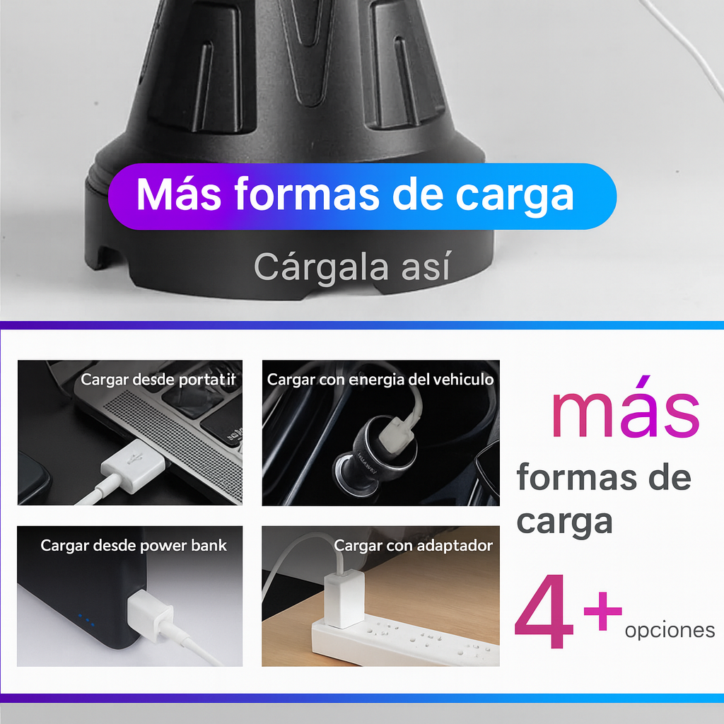 Linterna LED Recargable con Carga Solar – 6 Modos | Power Bank USB | Resistente a Lluvia