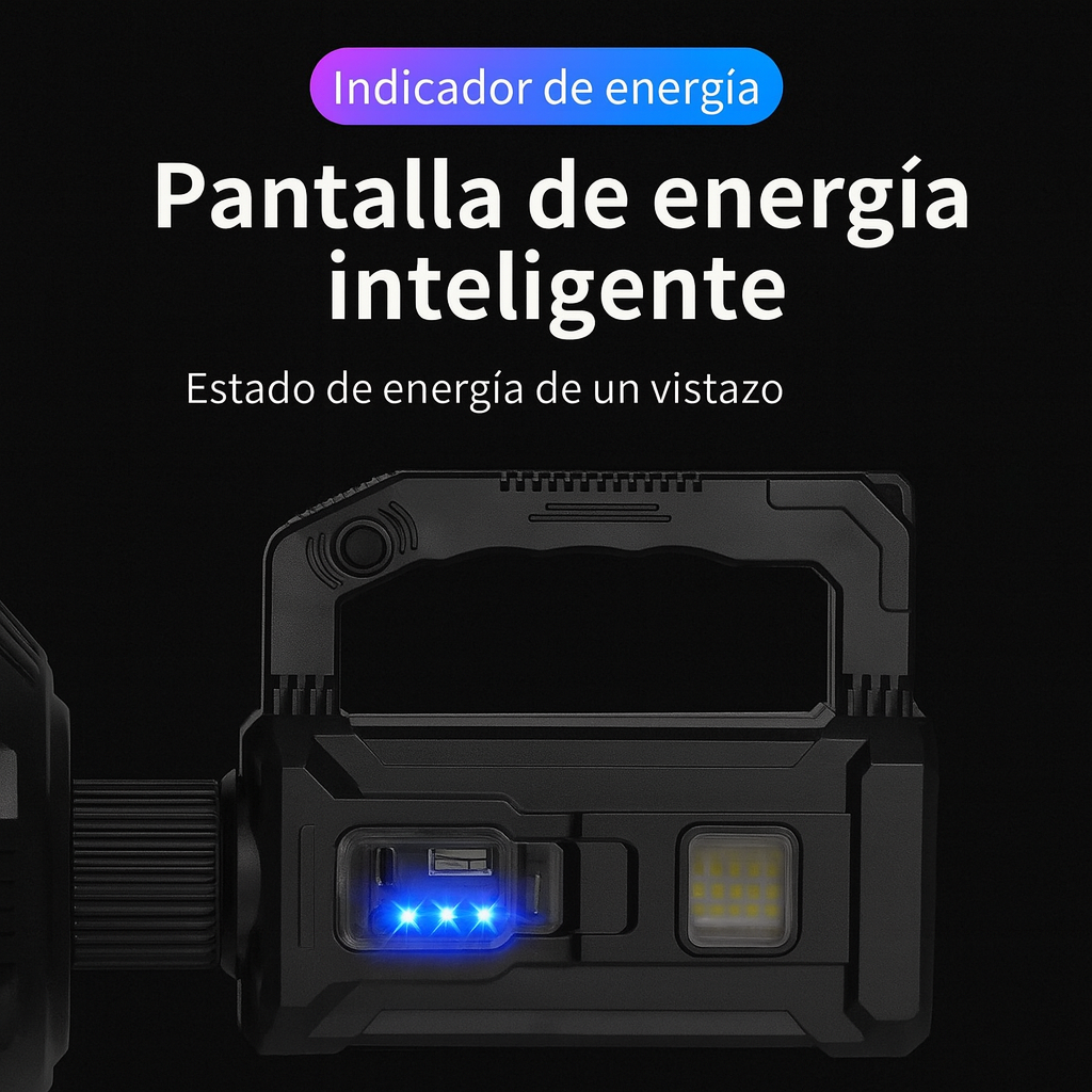 Linterna LED Recargable con Carga Solar – 6 Modos | Power Bank USB | Resistente a Lluvia