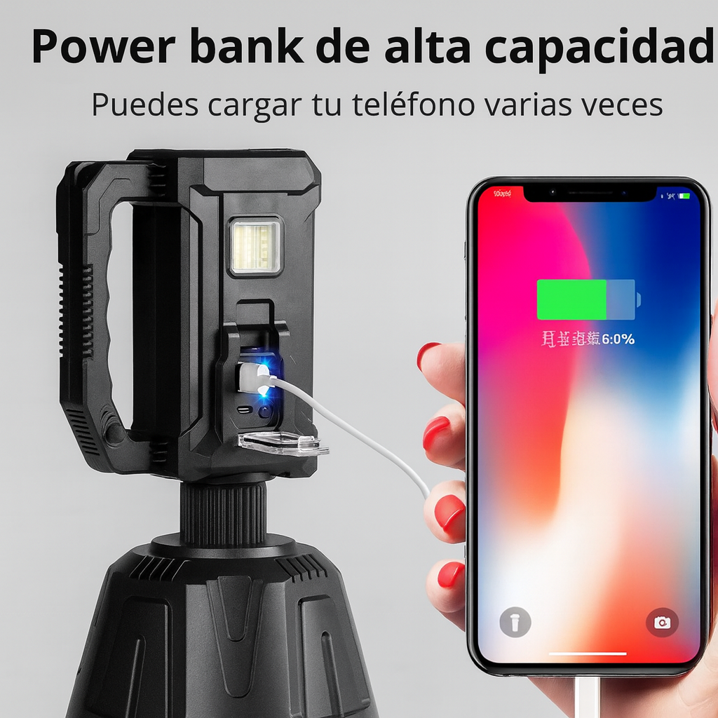 Linterna LED Recargable con Carga Solar – 6 Modos | Power Bank USB | Resistente a Lluvia