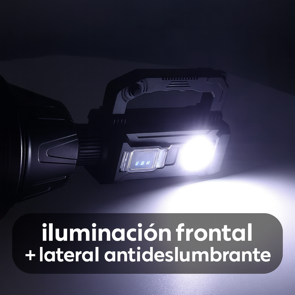 Linterna LED Recargable con Carga Solar – 6 Modos | Power Bank USB | Resistente a Lluvia