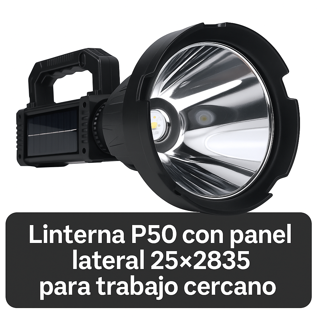 Linterna LED Recargable con Carga Solar – 6 Modos | Power Bank USB | Resistente a Lluvia