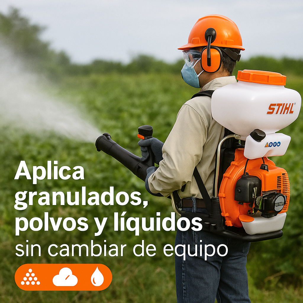 Fumigadora 3-en-1: nebuliza líquidos, pulveriza polvos y esparce granulados