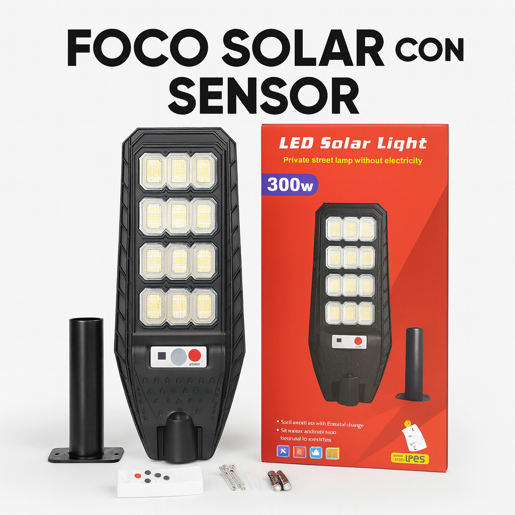 Lámpara Solar Recargable 300W con Sensor de Movimiento