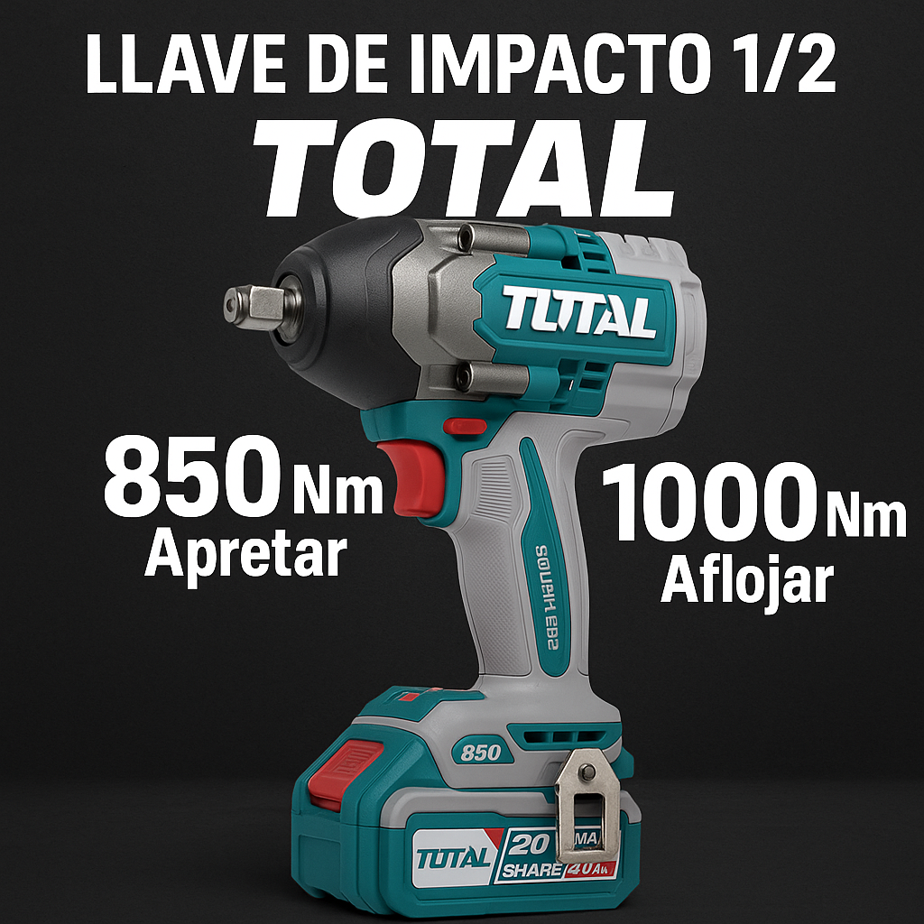 Llave de Impacto 1/2 TOTAL 100% ORIGINAL - Toque (Apreta 850 Nm - Afloja 1000 Nm) - 1 año de Garantía