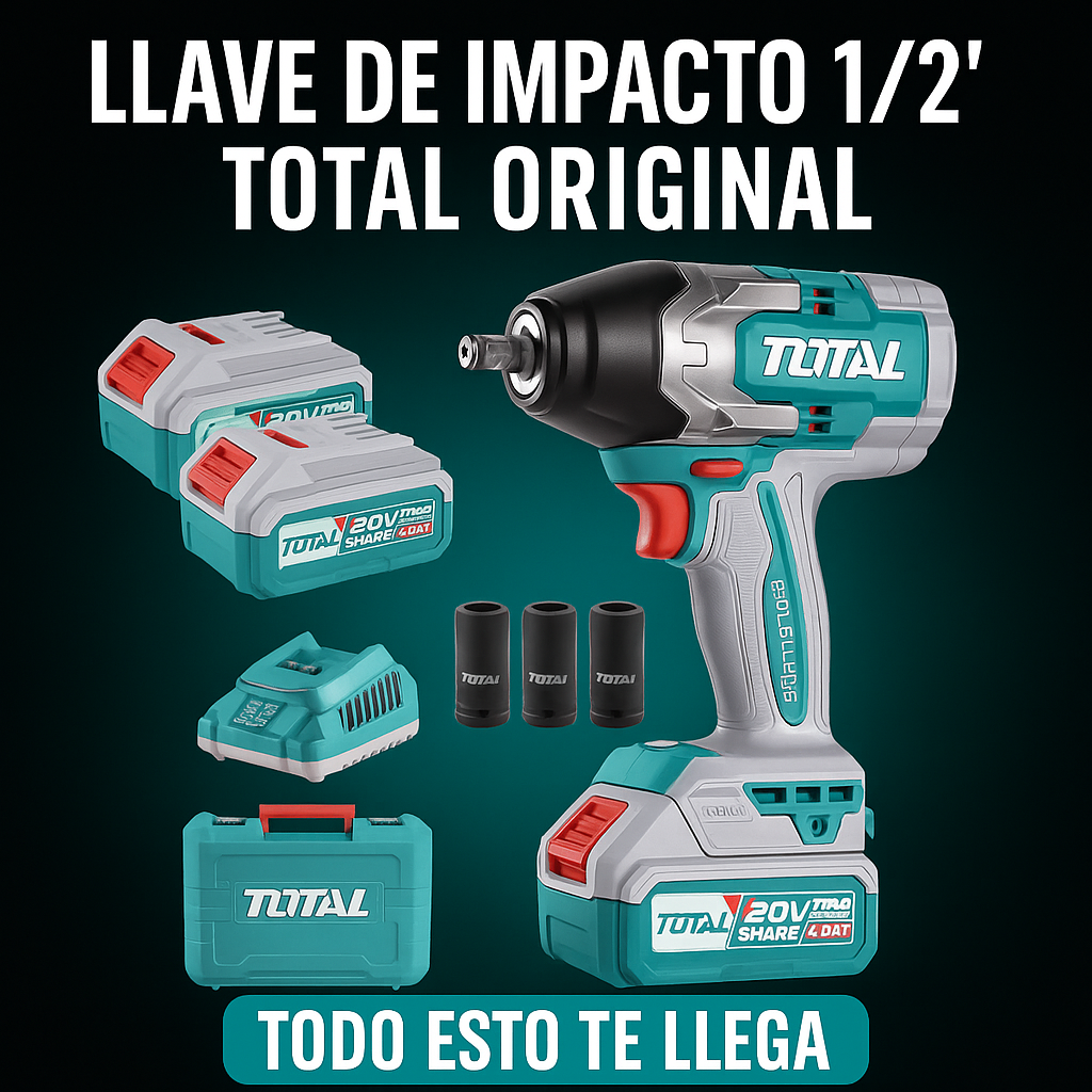 Llave de Impacto 1/2 TOTAL 100% ORIGINAL - Toque (Apreta 850 Nm - Afloja 1000 Nm) - 1 año de Garantía