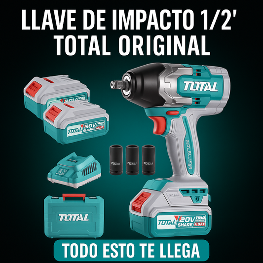 Llave de Impacto 1/2 TOTAL 100% ORIGINAL - Toque (Apreta 850 Nm - Afloja 1000 Nm) - 1 año de Garantía