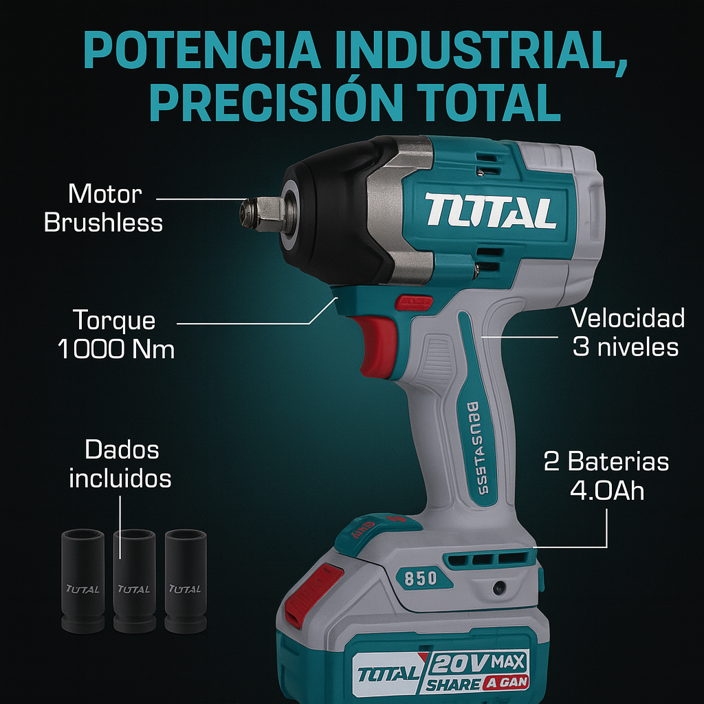 Llave de Impacto 1/2 TOTAL 100% ORIGINAL - Toque (Apreta 850 Nm - Afloja 1000 Nm) - 1 año de Garantía