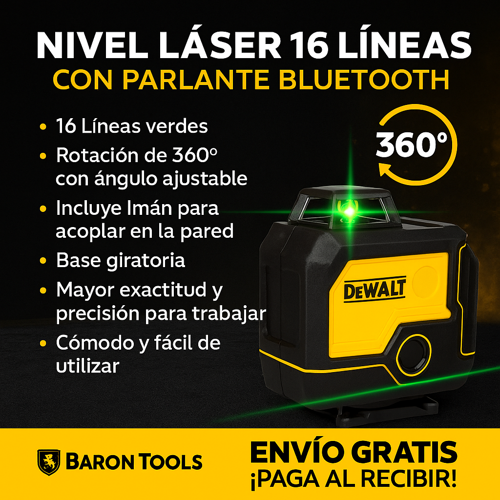 Nivel Láser 16 Líneas 360° con Parlante Bluetooth – Incluye Trípode, 2 Baterías y Accesorios