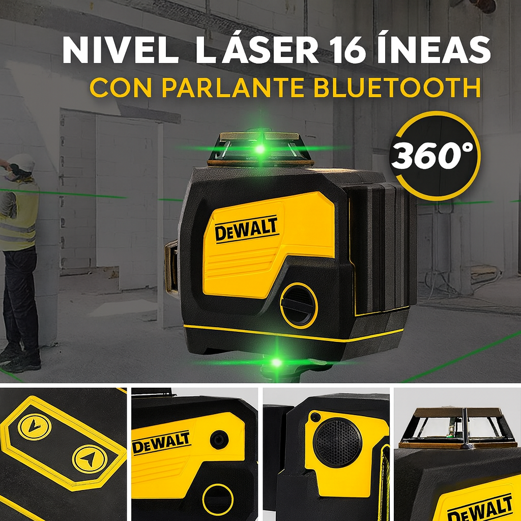 Nivel Láser 16 Líneas 360° con Parlante Bluetooth – Incluye Trípode, 2 Baterías y Accesorios