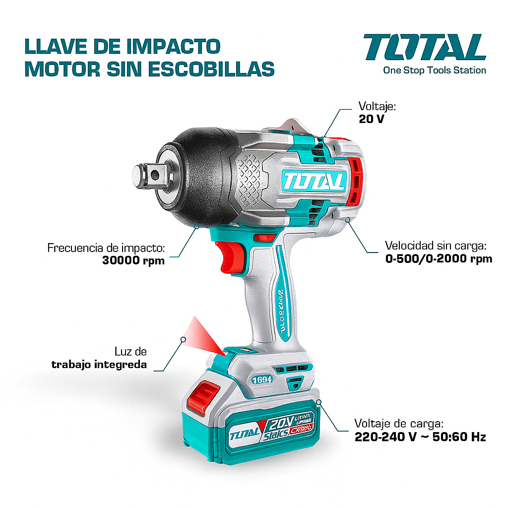 Combo Triple Llave de Impacto Brushless 20V – 400NM / 850NM / 1350NM + Cargador + 2 Baterías 1 Año de Garantía