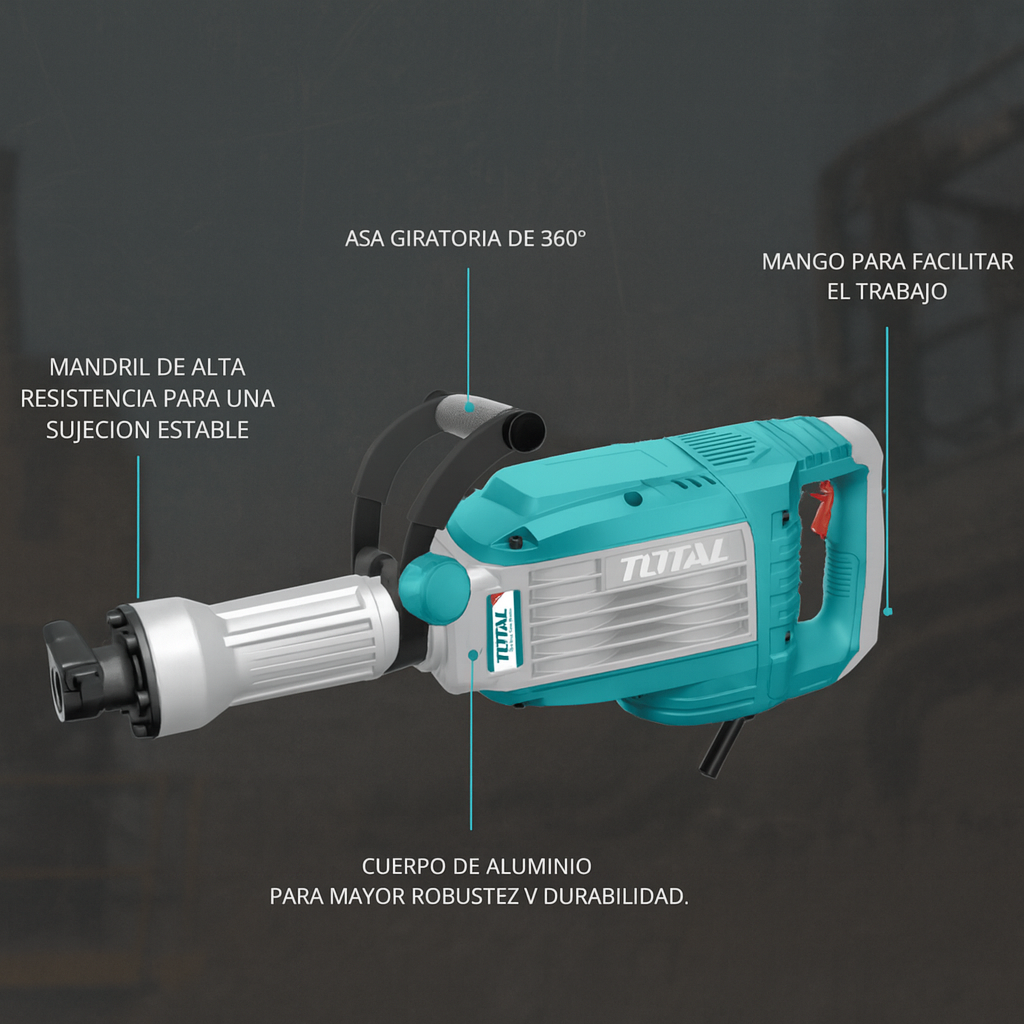 Demoledor Industrial TOTAL SDS HEX 1700W – 50J con Maletín y Cinceles
