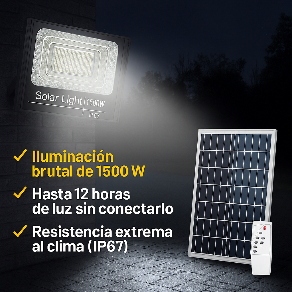 Reflector Solar LED 1500W para Exteriores con Panel y Control – Alta Potencia y Autonomía