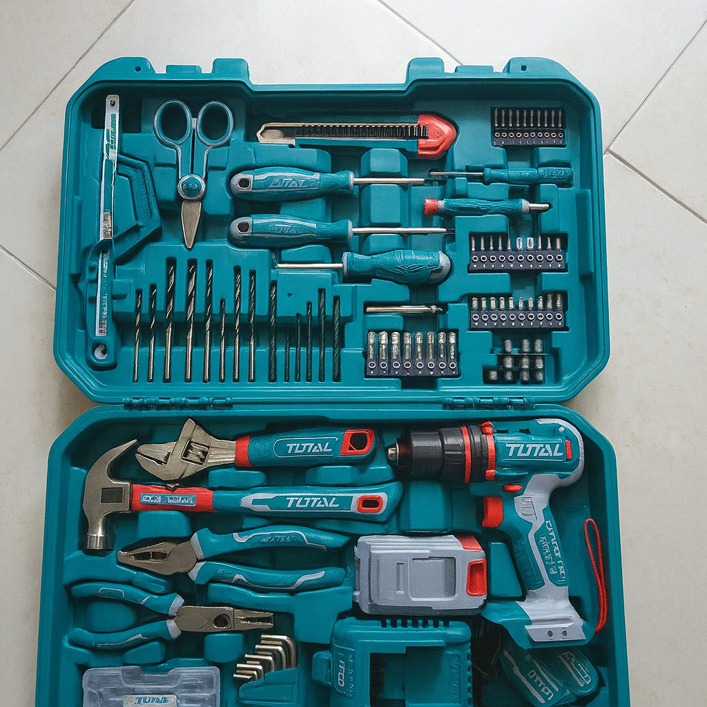 Taladro Inalámbrico TOTAL 20V + Kit de Herramientas de 165 Piezas – Potencia, Versatilidad y Funcionalidad Total