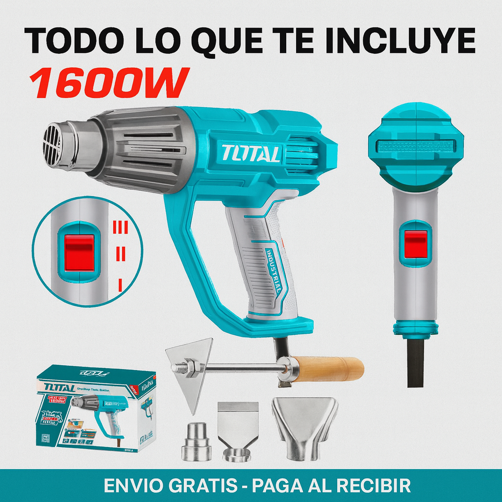 Pistola de Calor TOTAL 1600W – Control de Temperatura + 3 Boquillas y Rascador (UTB16045)