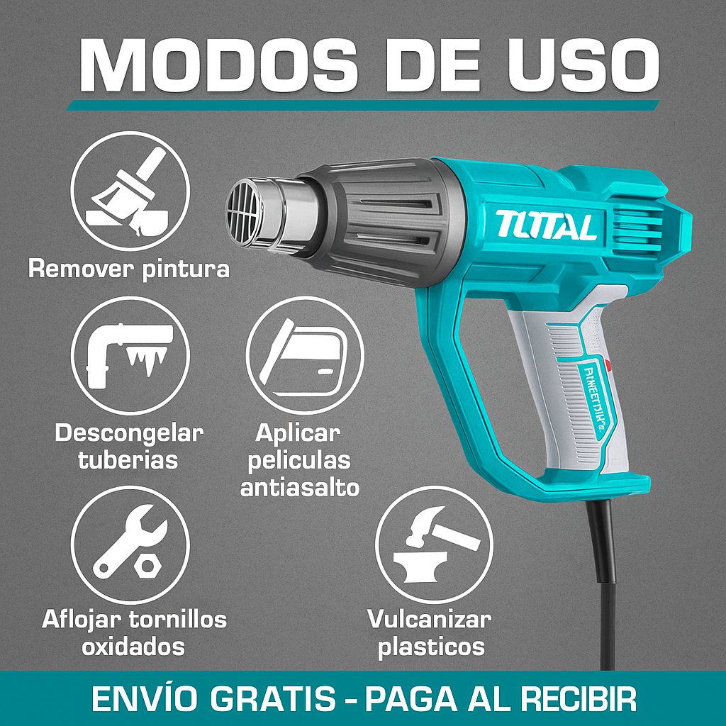 Pistola de Calor TOTAL 1600W – Control de Temperatura + 3 Boquillas y Rascador (UTB16045)