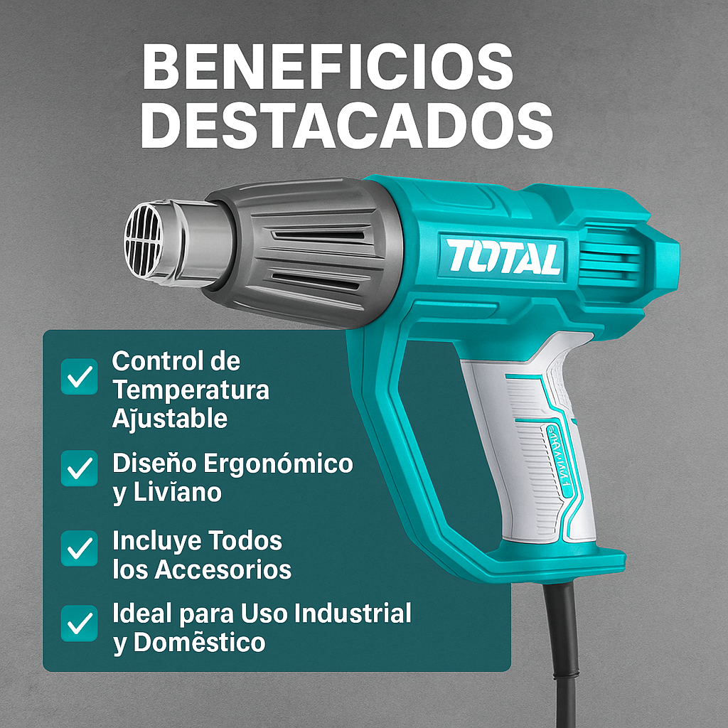 Pistola de Calor TOTAL 1600W – Control de Temperatura + 3 Boquillas y Rascador (UTB16045)