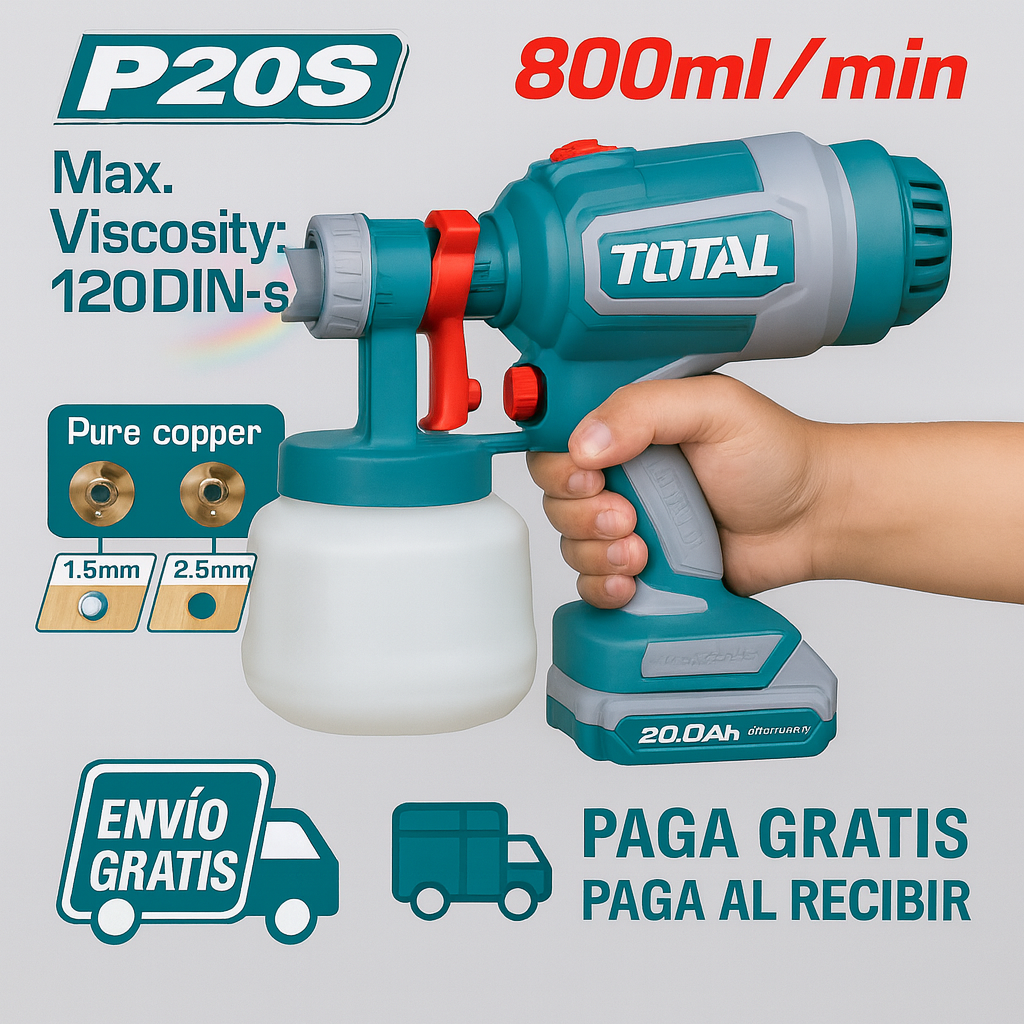 TOTAL Pistola de Pintura Inalámbrica 20V – 800ml de Precisión y Potencia