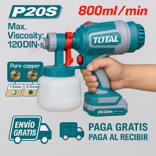 TOTAL Pistola de Pintura Inalámbrica 20V – 800ml de Precisión y Potencia