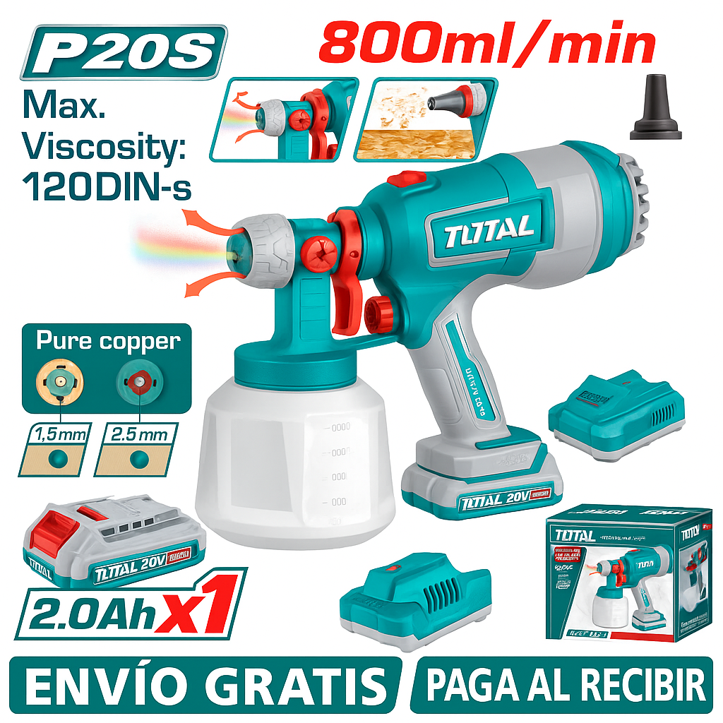 TOTAL Pistola de Pintura Inalámbrica 20V – 800ml de Precisión y Potencia
