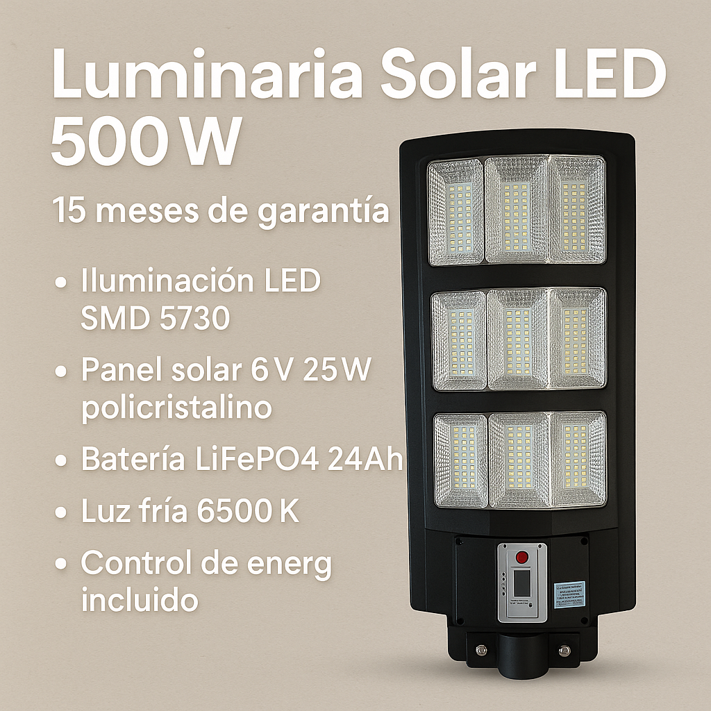 Lámpara Solar 500W – Grande (70 x 24 cm) + Obsequio: Tubo de Instalación – 1 Año de Garantía Real