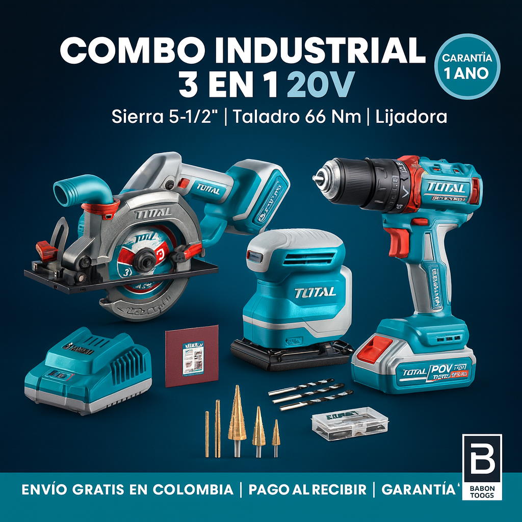 Combo Industrial 3 en 1: Sierra 5-1/2”, Taladro 66 Nm y Lijadora + Cargador (2 baterías 2Ah/4Ah)