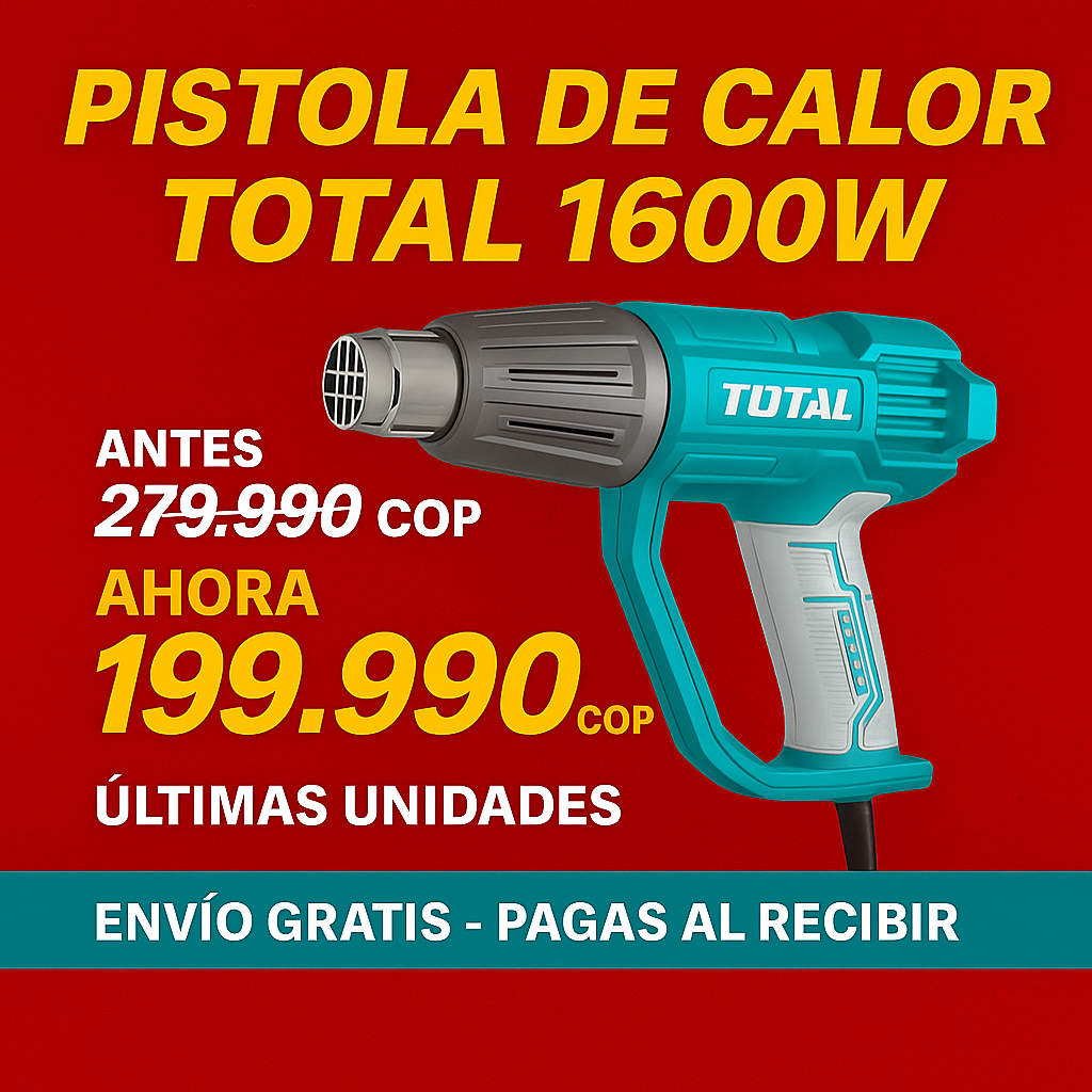 Pistola de Calor TOTAL 1600W – Control de Temperatura + 3 Boquillas y Rascador (UTB16045)
