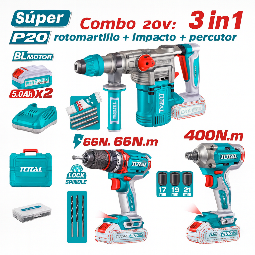 Combo 3 en 1 Rotomartillo SDS-Plus Llave de impacto 400 Nm y Taladro percutor 66Nm TOTAL 20V