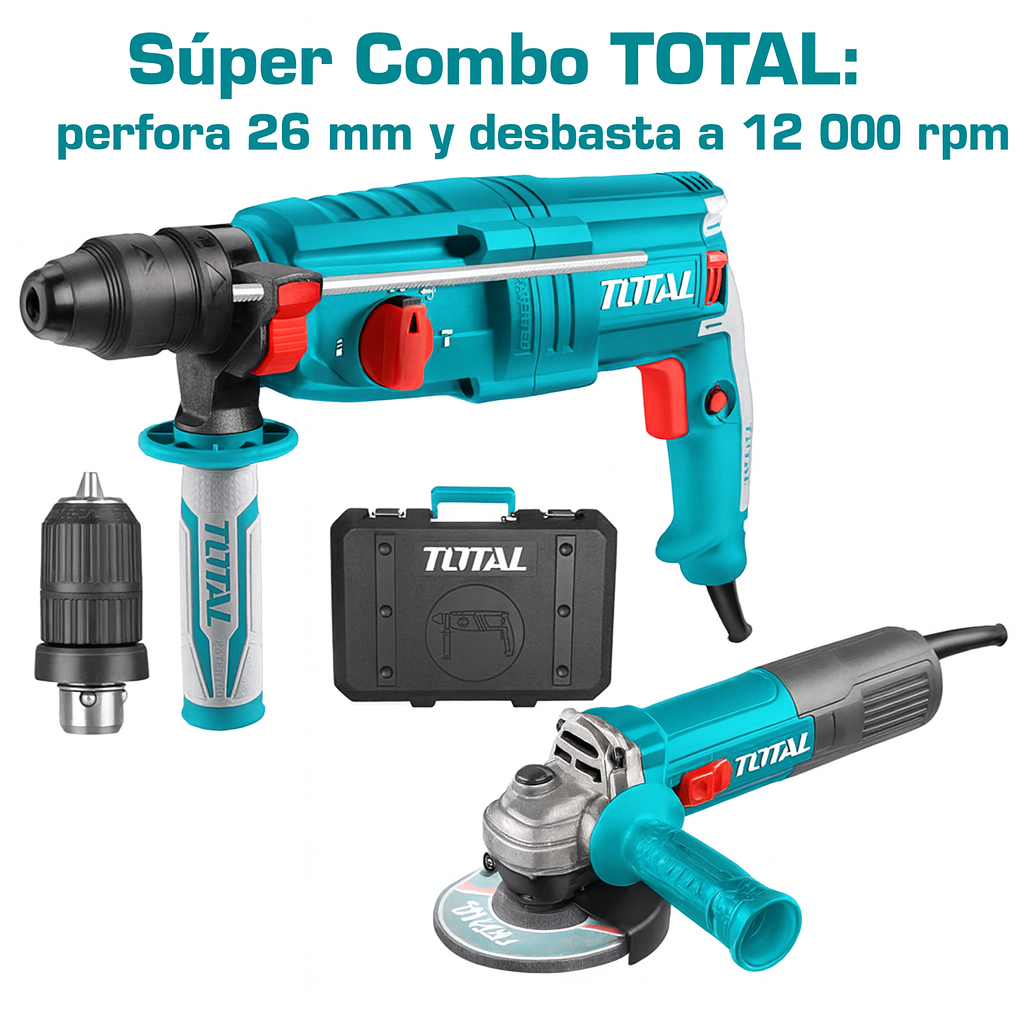 Súper Combo TOTAL: Rotomartillo SDS Plus 800W + Esmeriladora 4½" 710W