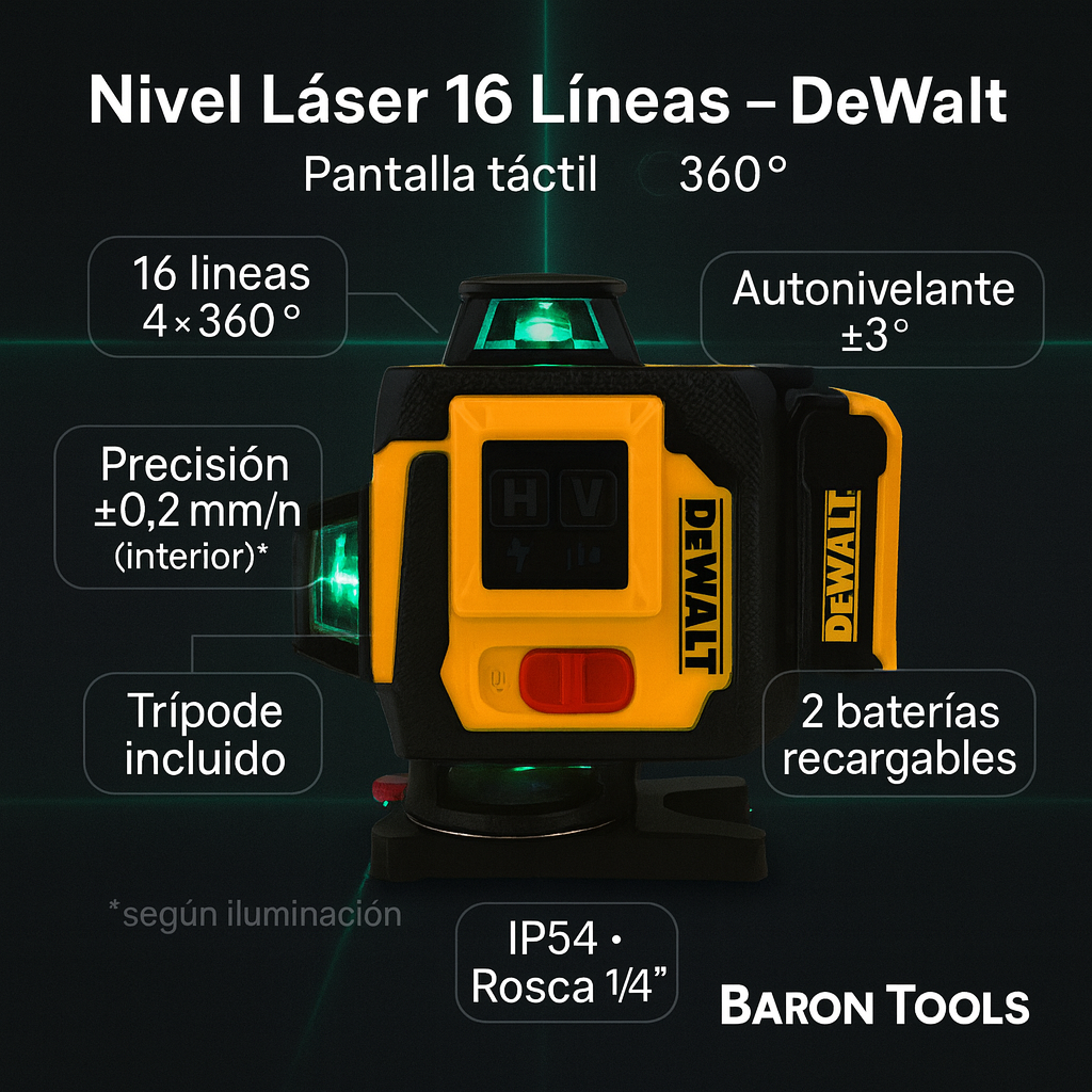 Nivel Láser 16 Líneas con Trípode y Pantalla Táctil – DeWALT | 4 planos 360° | Autonivelante
