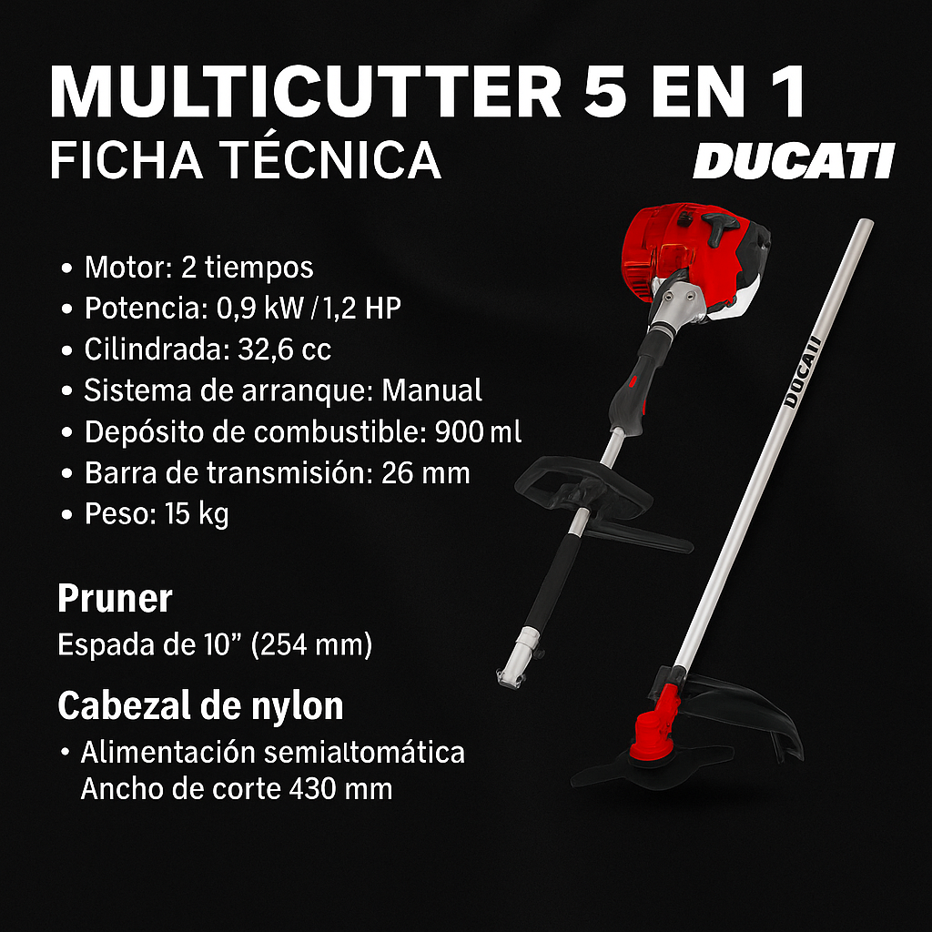 KIT MULTICUTTER DUCATI ORIGINAL / GUADAÑA / MOTOSIERRA / CORTASETOS MULTIFUNCIÓN 5 EN 1 / 1 AÑO DE GARANTIA