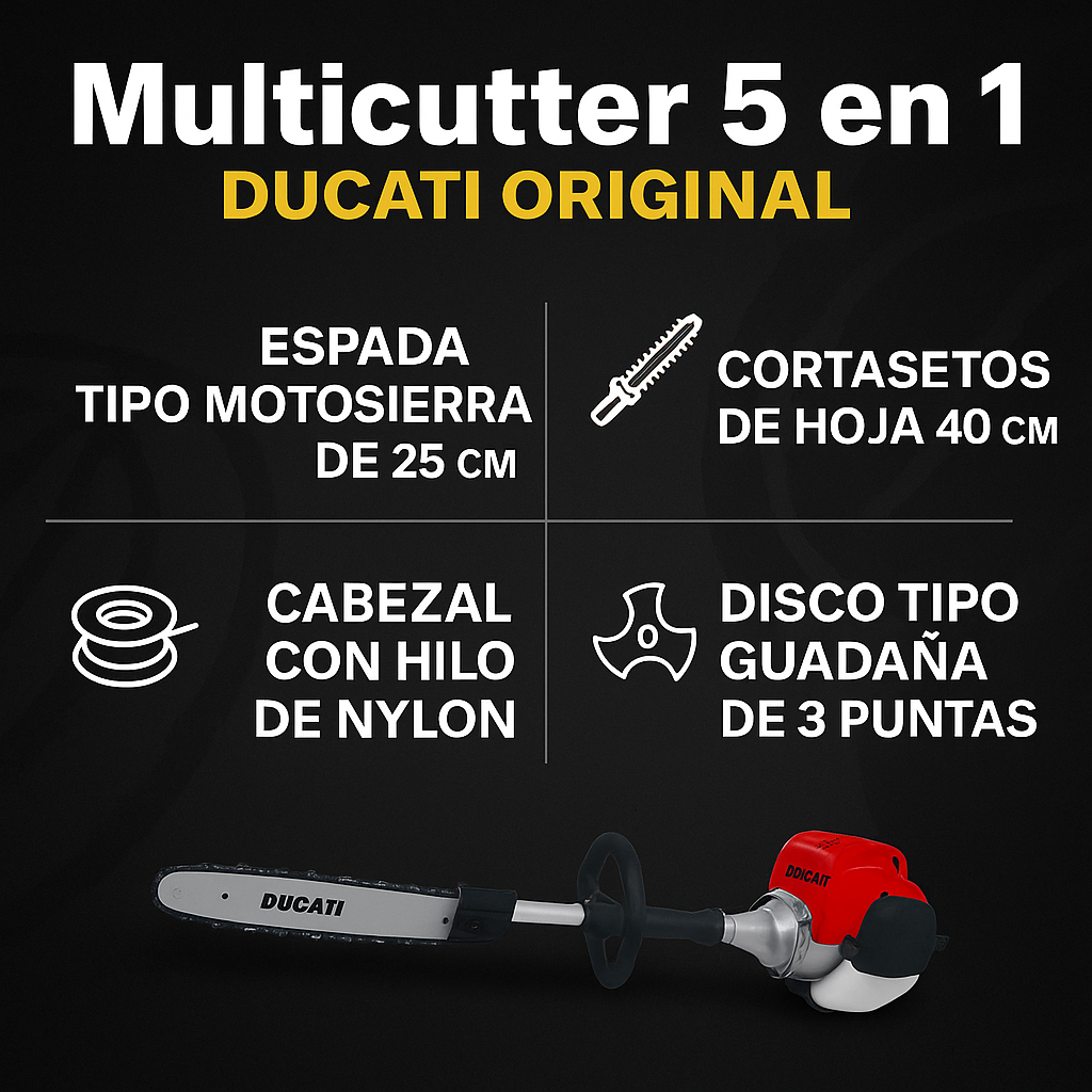 KIT MULTICUTTER DUCATI ORIGINAL / GUADAÑA / MOTOSIERRA / CORTASETOS MULTIFUNCIÓN 5 EN 1 / 1 AÑO DE GARANTIA