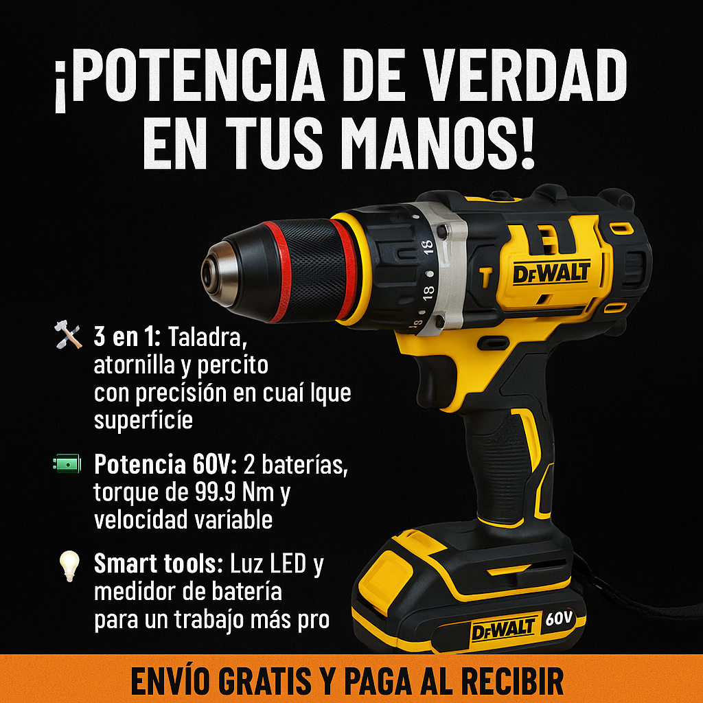 Taladro Inalámbrico DeWALT 60V – 3 en 1: perfora, atornilla y martilla