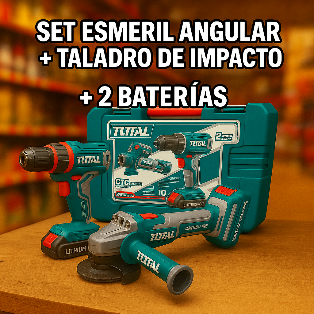 SET Inalámbrico TOTAL – Esmeril Angular + Taladro de Impacto 20V 2 BATERIAS - 100% Original