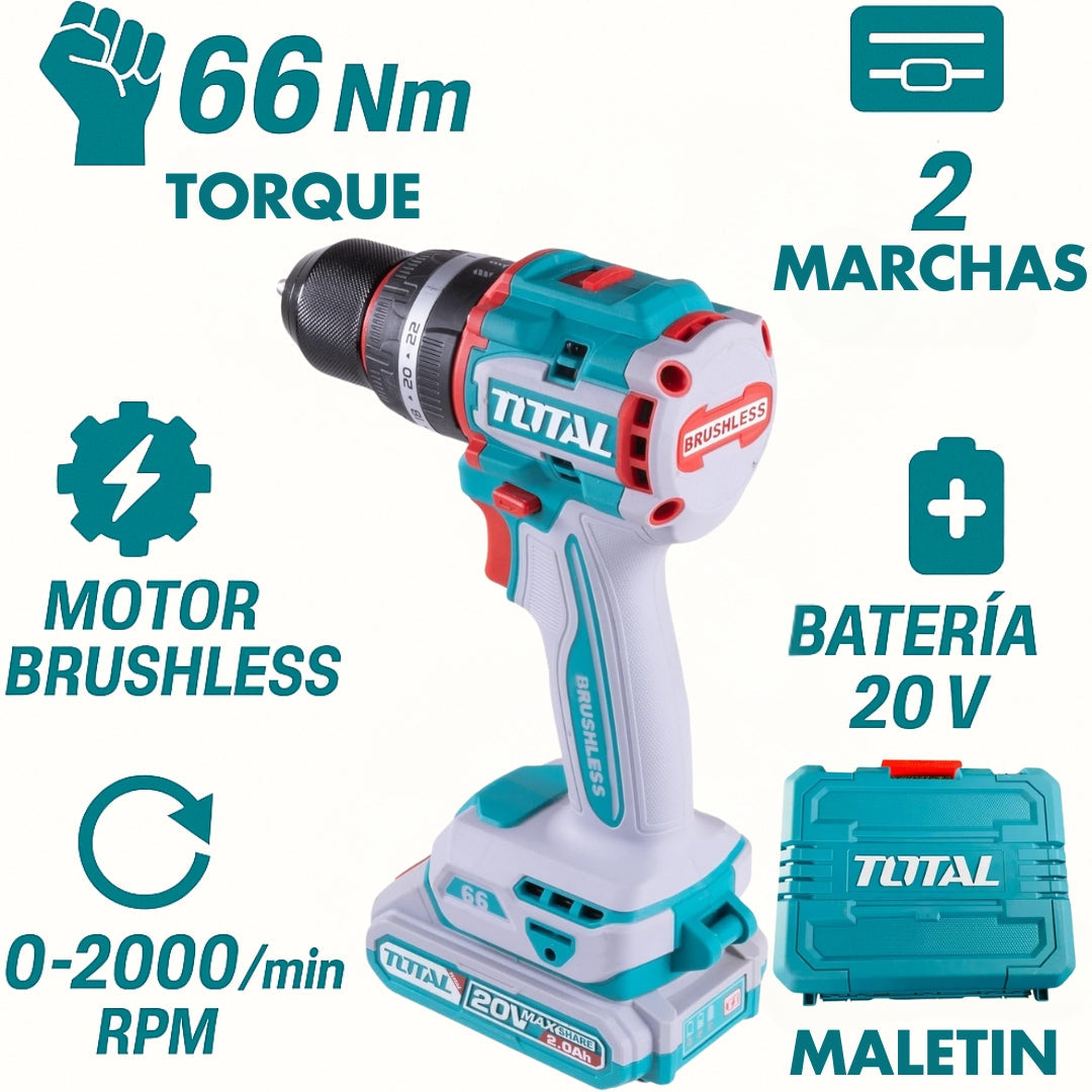 TALADRO INALÁMBRICO ORIGINAL TOTAL 66 NM – MOTOR BRUSHLESS Y GARANTÍA DE 1 AÑO INCLUIDA