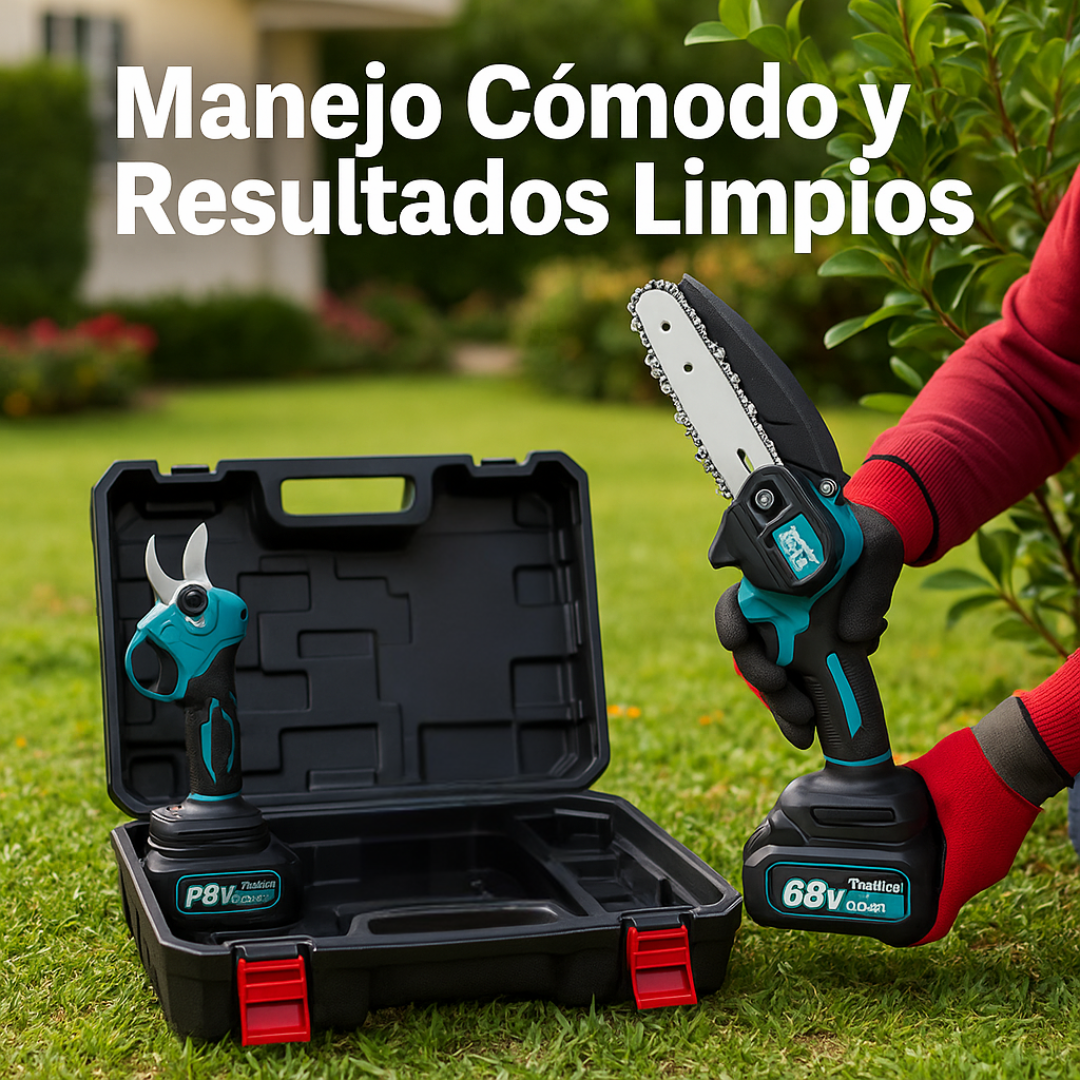 KIT DE MINI MOTOSIERRA Y TIJERA PODADORA INALÁMBRICA 68V