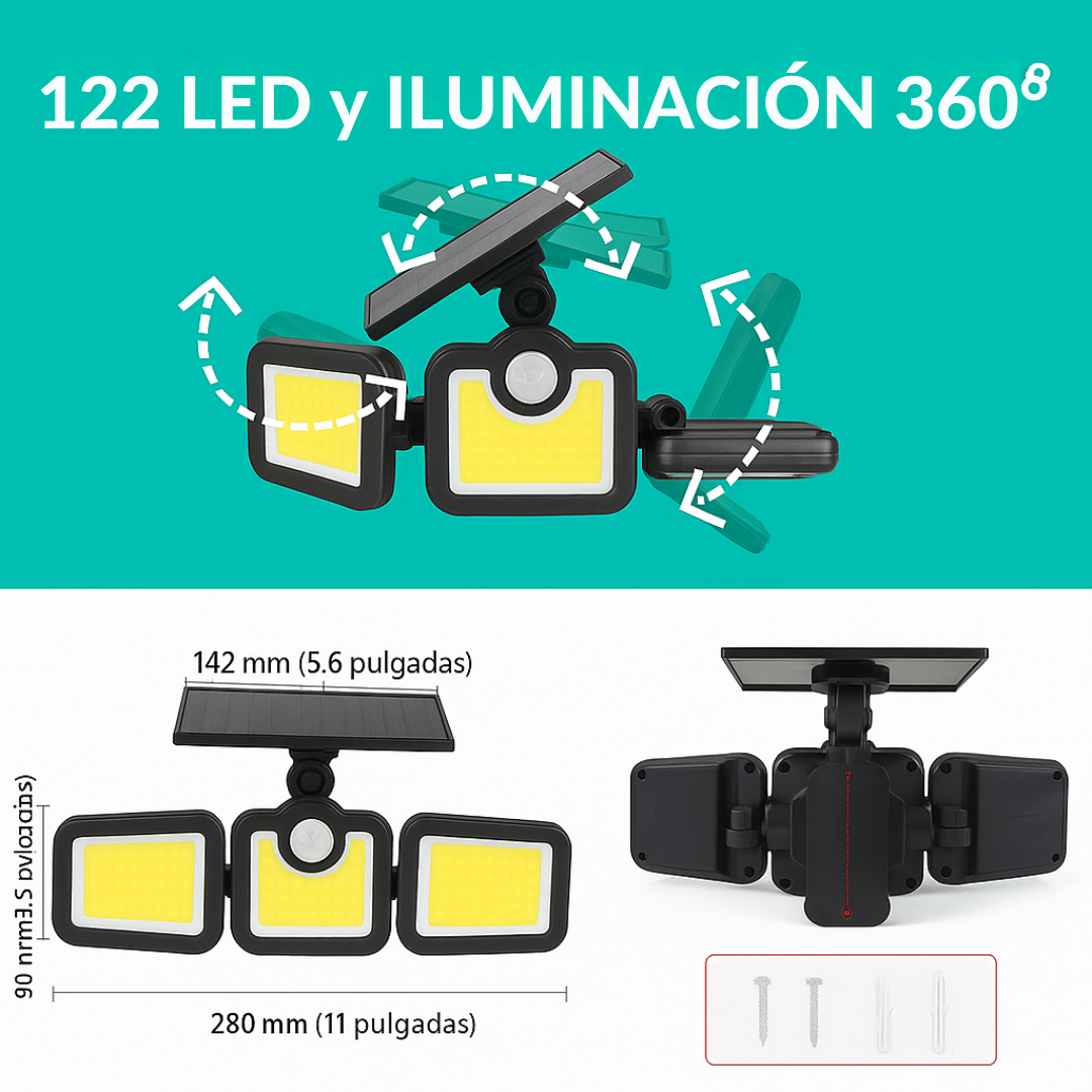 Lámpara Solar 122 LEDs (X2) – Foco con Sensor y Panel Separado 5 m