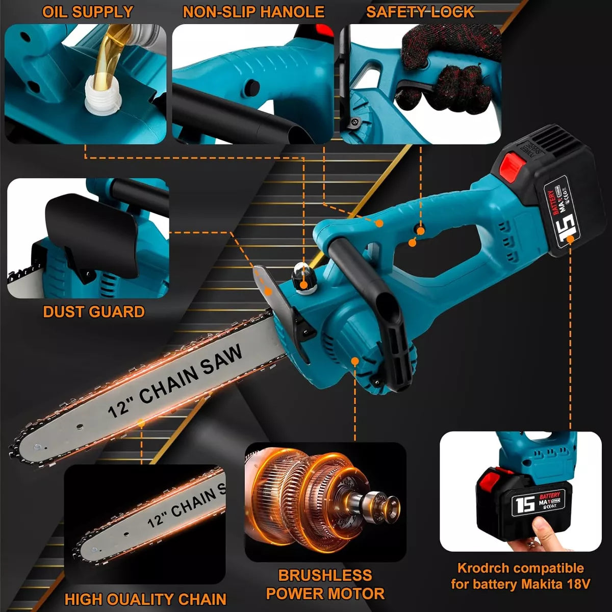 Motosierra inalámbrica de 12 pulgadas  con 2 baterías Motor de alto rendimiento