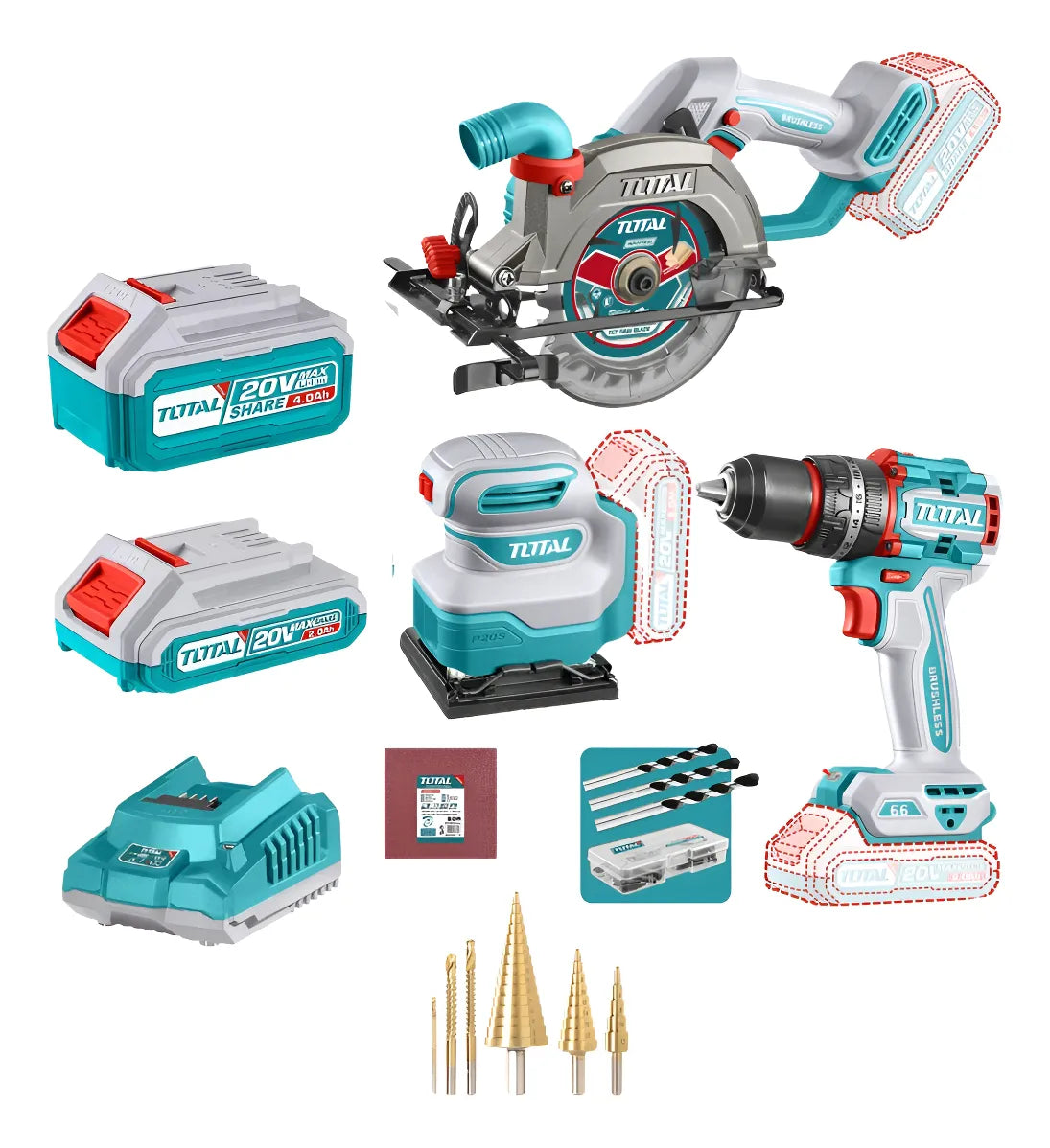 Combo Industrial 3 en 1: Sierra 5-1/2”, Taladro 66 Nm y Lijadora + Cargador (2 baterías 2Ah/4Ah)