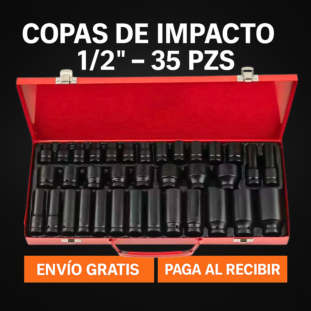 Juego de Copas de Impacto 1/2” – 35 Piezas con Maletín Metálico (Cortas 8–32 mm + Largas 10–32 mm)