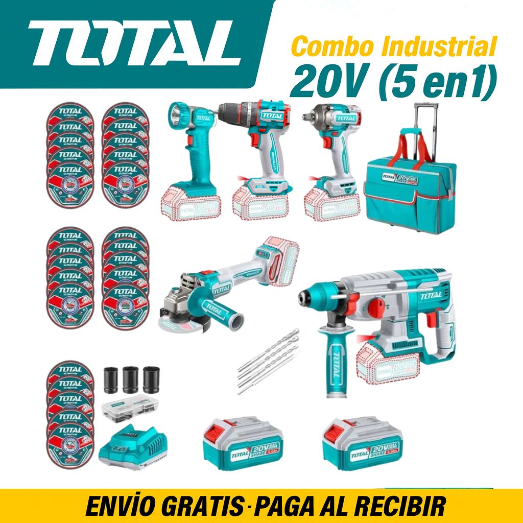 Combo Industrial 20V (5 en 1) – Taladro 66Nm + Llave de Impacto 400Nm + Pulidora 1000W + Rotomartillo 5000RPM + Linterna 5W – 2 Baterías 4.0Ah – 100% Original – 1 Año de Garantía Certificada