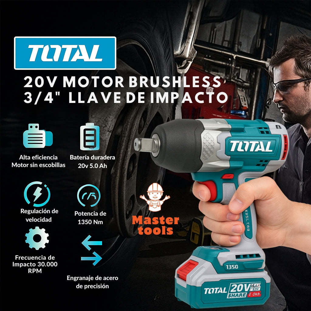 Llave de Impacto TOTAL Original 3/4” – 1350 Nm para Ajustar, 1900 Nm para Aflojar, con 1 Año de Garantía